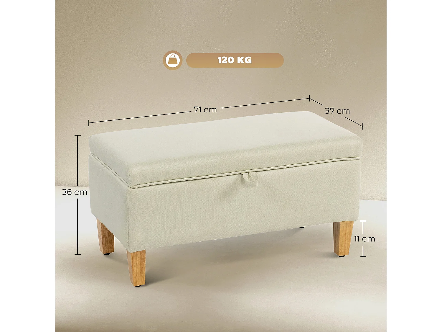 Suba Beige Linen Effect Storage Ottoman Bench Natural Wooden Legs