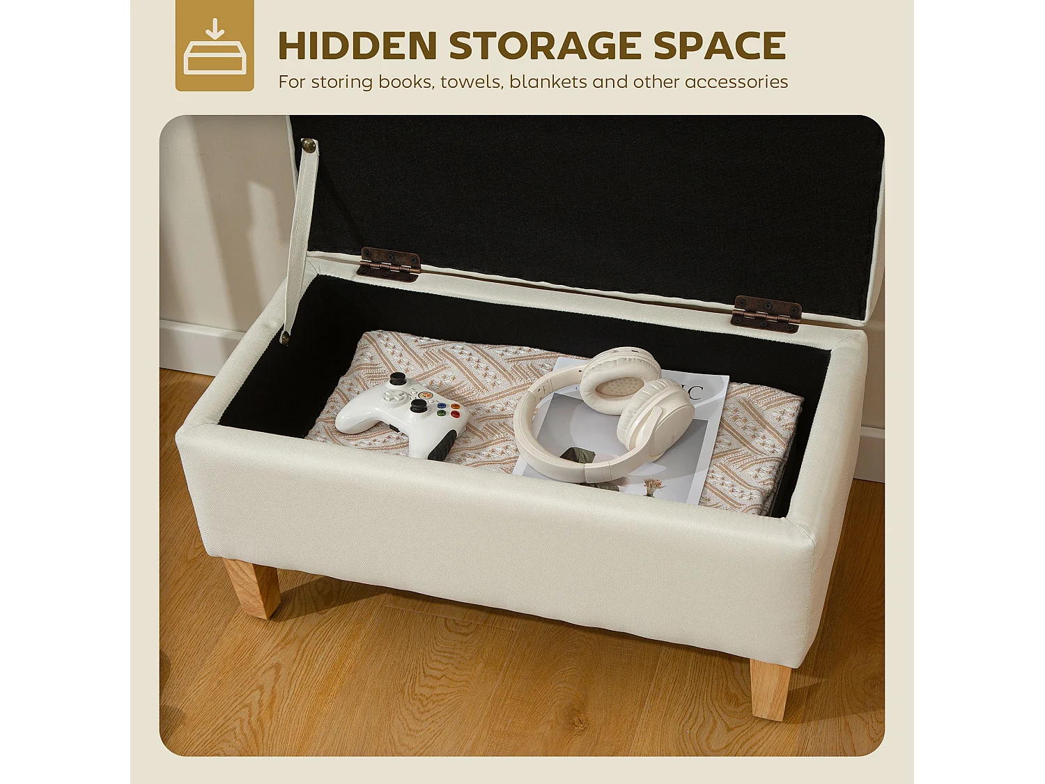 Suba Beige Linen Effect Storage Ottoman Bench Natural Wooden Legs