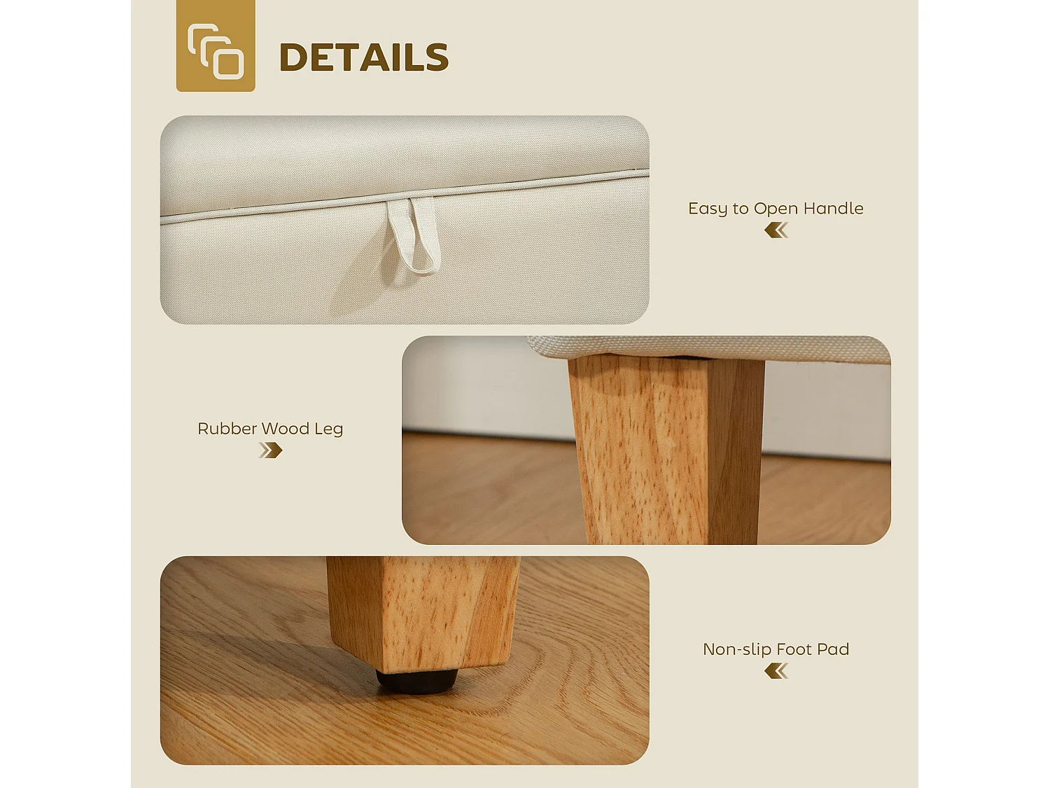 Suba Beige Linen Effect Storage Ottoman Bench Natural Wooden Legs