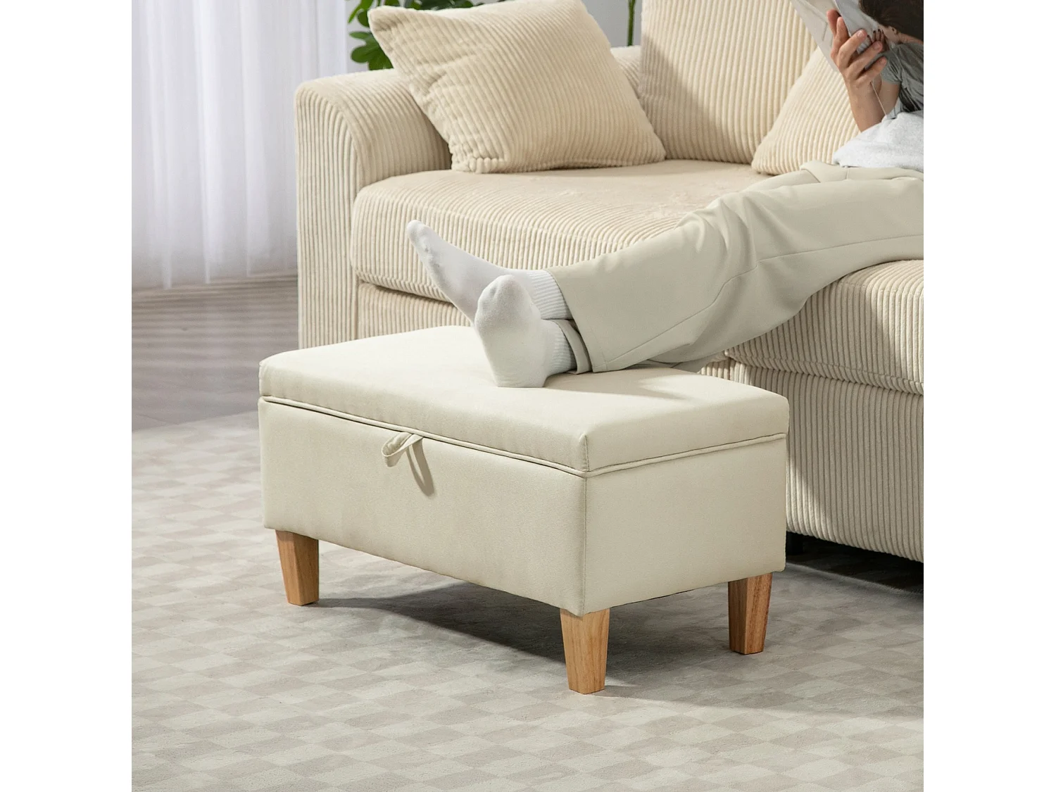 Suba Beige Linen Effect Storage Ottoman Bench Natural Wooden Legs