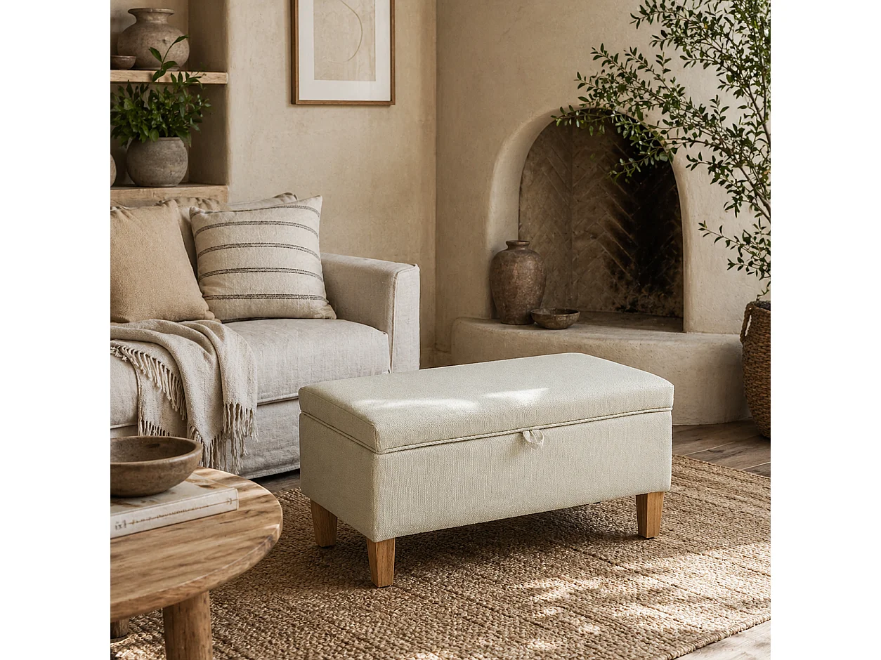 Suba Beige Linen Effect Storage Ottoman Bench Natural Wooden Legs