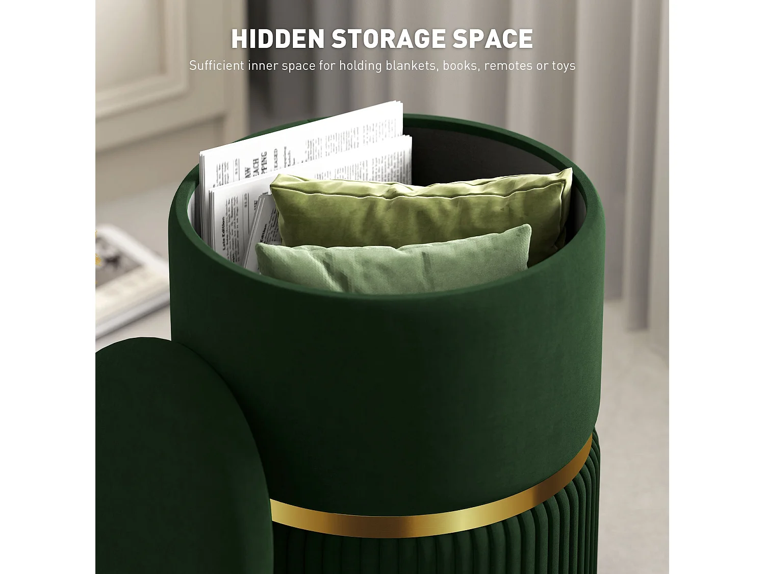 Rapa Green Etched Velvet Storage Ottoman with Gold Detail