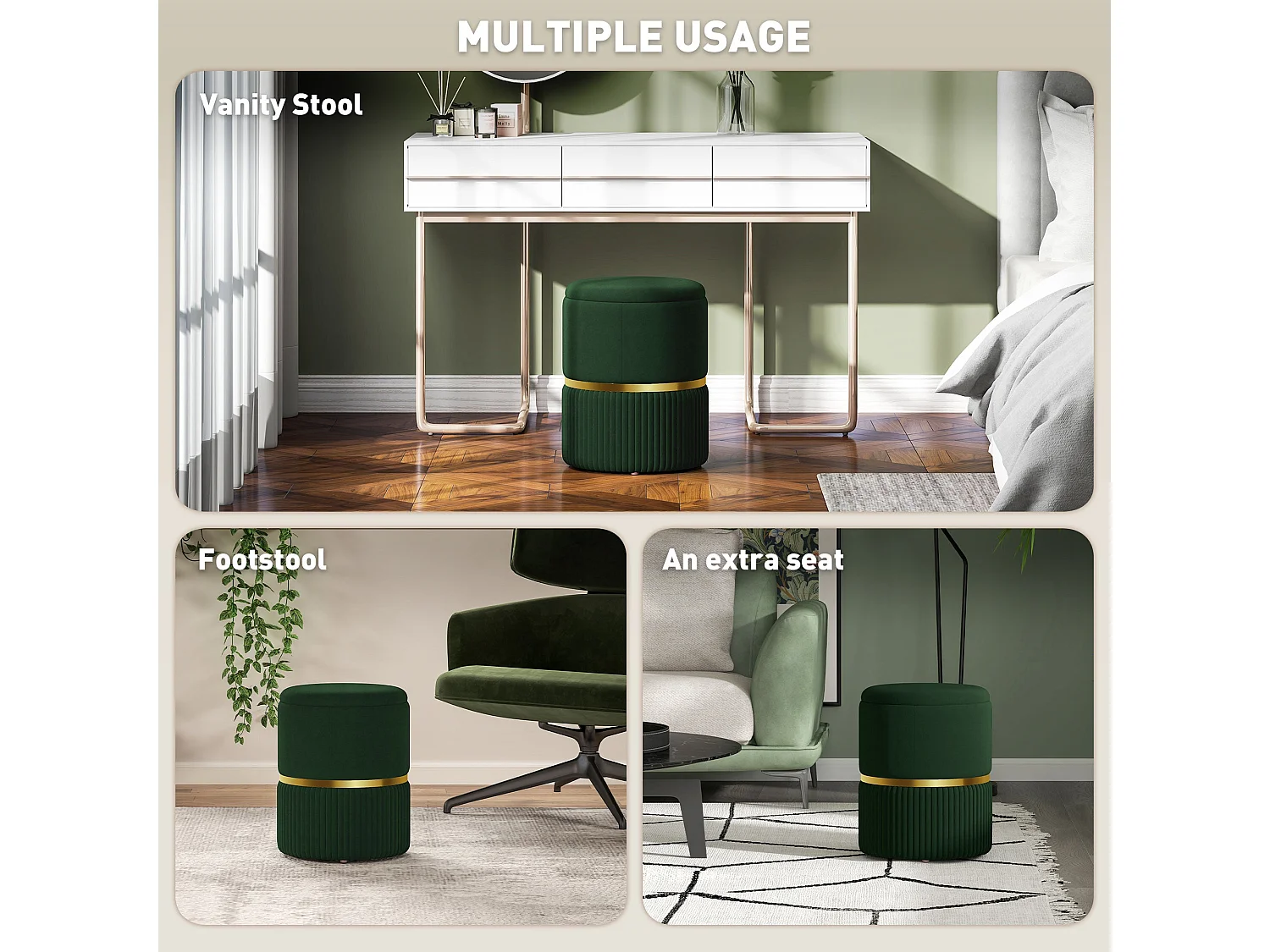 Rapa Green Etched Velvet Storage Ottoman with Gold Detail