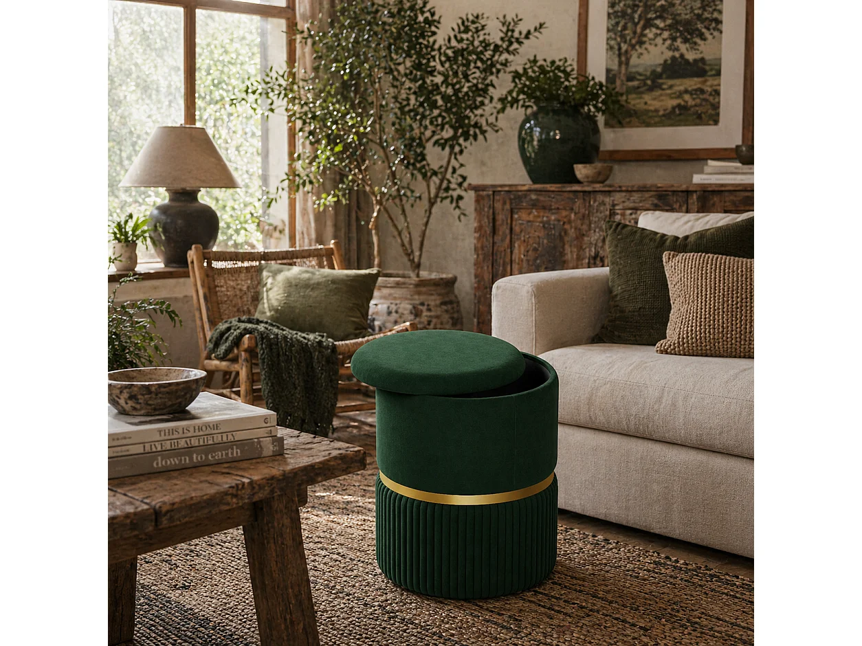 Rapa Green Etched Velvet Storage Ottoman with Gold Detail