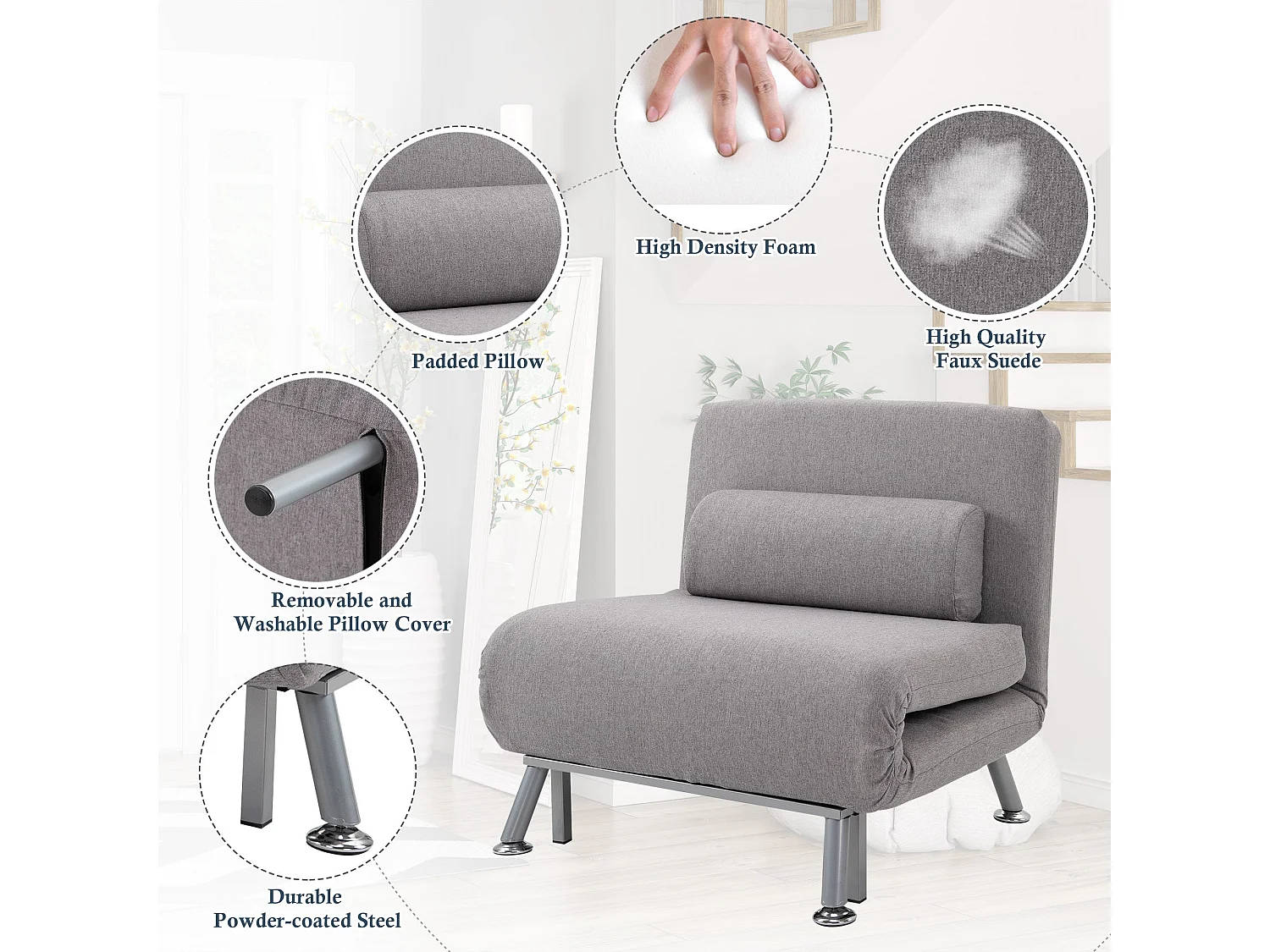 Kano Grey Fabric Futon Chair Convertible to 180cm Bed
