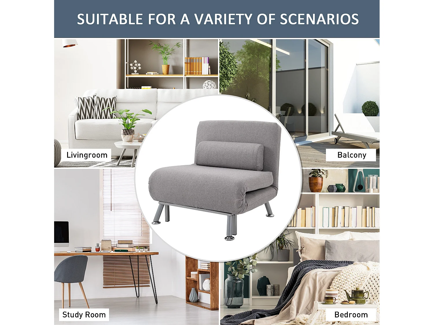 Kano Grey Fabric Futon Chair Convertible to 180cm Bed
