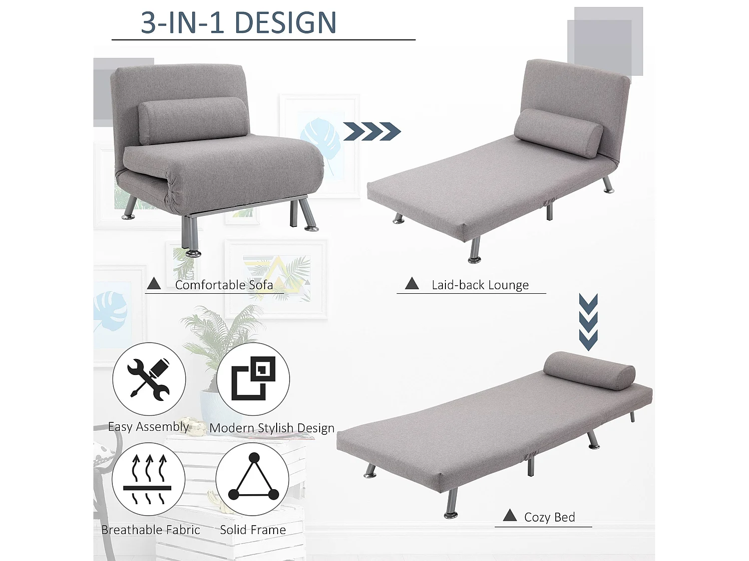 Kano Grey Fabric Futon Chair Convertible to 180cm Bed