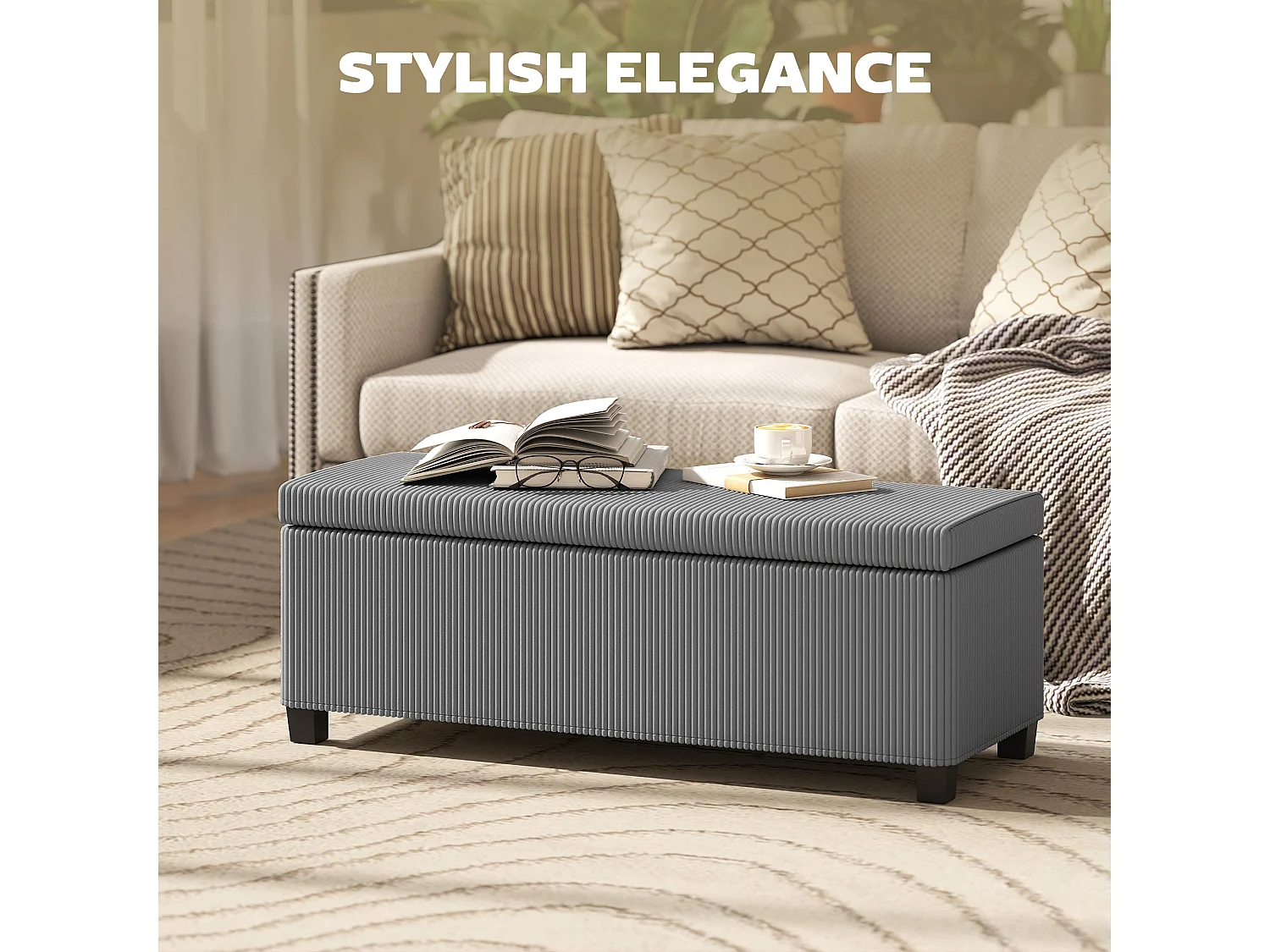 Bami Rimi Grey Corduroy Large Rectangular Storage Ottoman