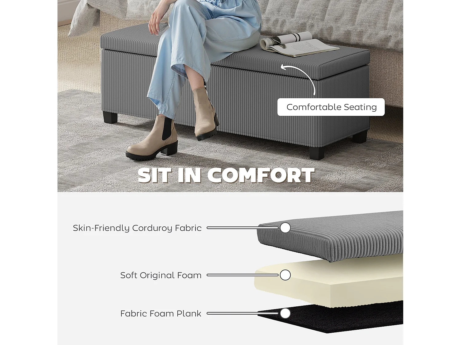 Bami Rimi Grey Corduroy Large Rectangular Storage Ottoman
