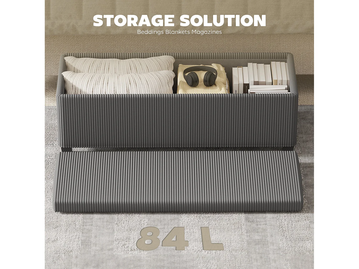 Bami Rimi Grey Corduroy Large Rectangular Storage Ottoman