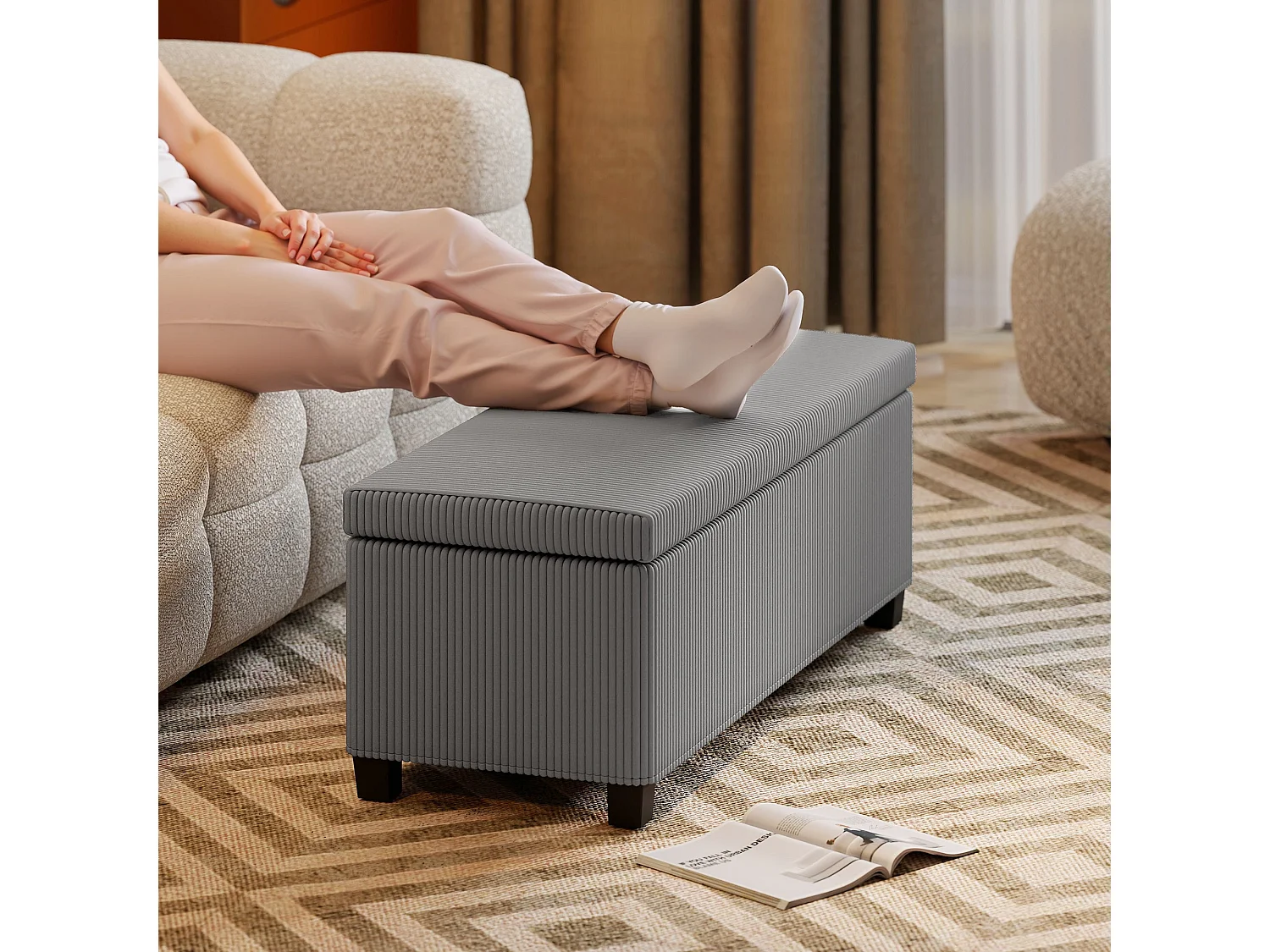 Bami Rimi Grey Corduroy Large Rectangular Storage Ottoman