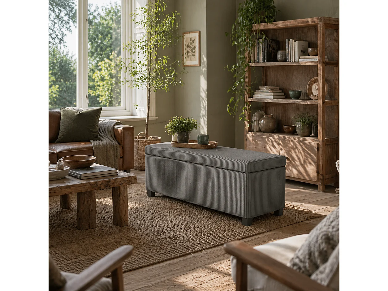Bami Rimi Grey Corduroy Large Rectangular Storage Ottoman