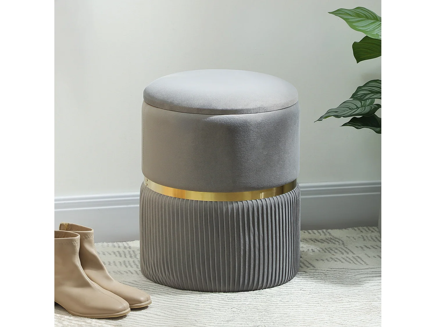 Rivera Velvet Light Grey Ribbed Storage Ottoman with Gold Accent