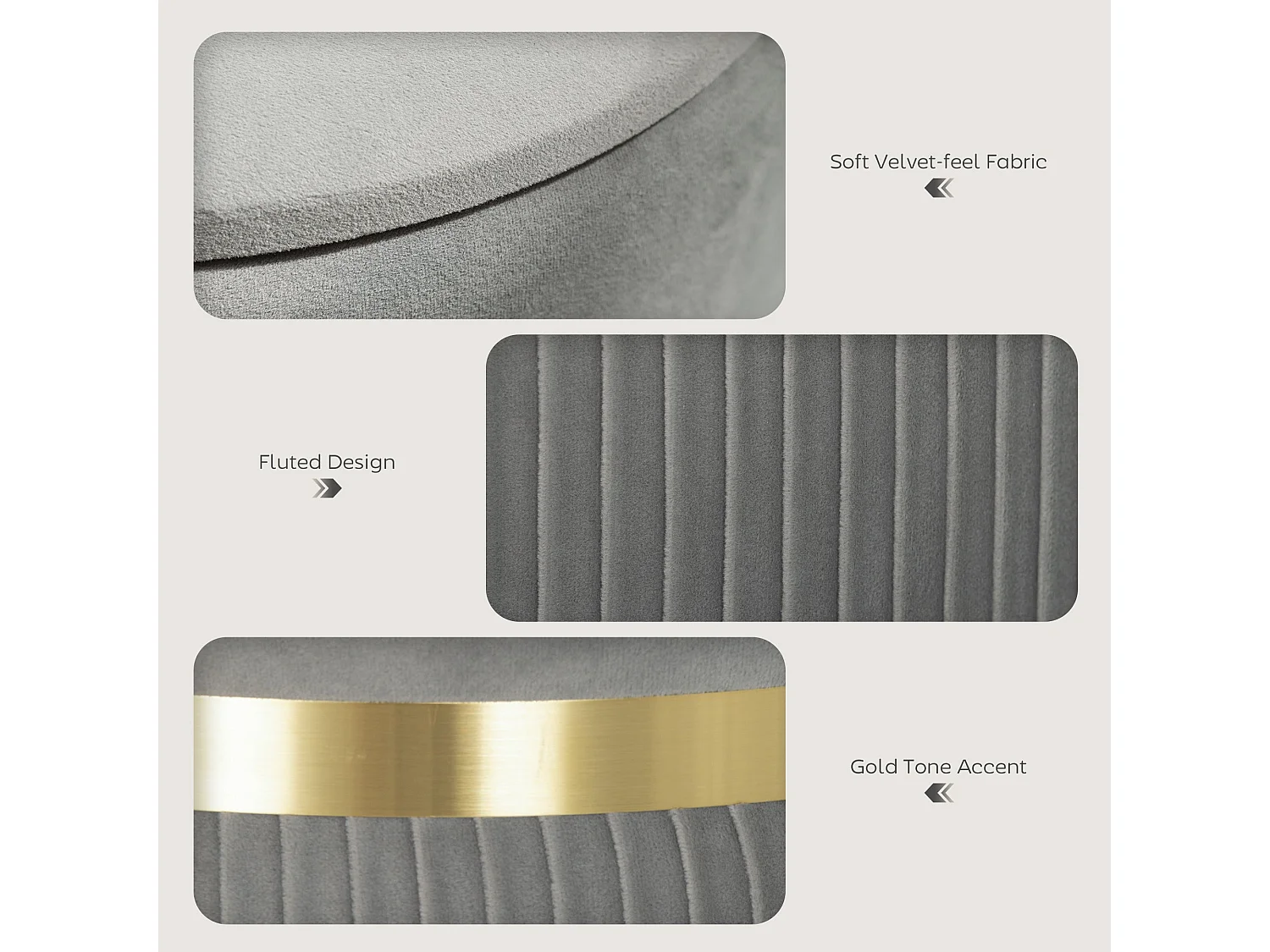 Rivera Velvet Light Grey Ribbed Storage Ottoman with Gold Accent