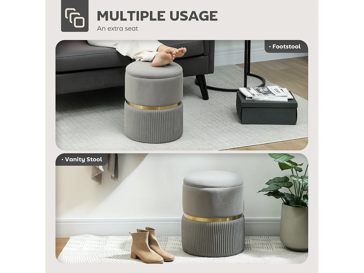Rivera Velvet Light Grey Ribbed Storage Ottoman with Gold Accent