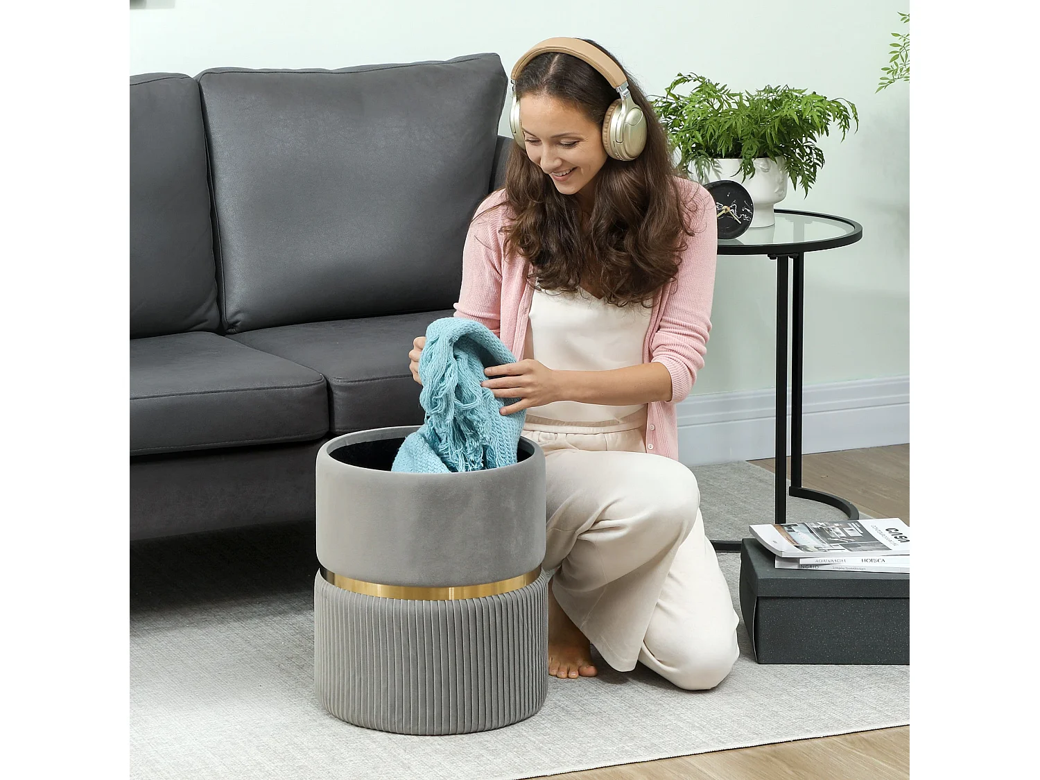 Rivera Velvet Light Grey Ribbed Storage Ottoman with Gold Accent