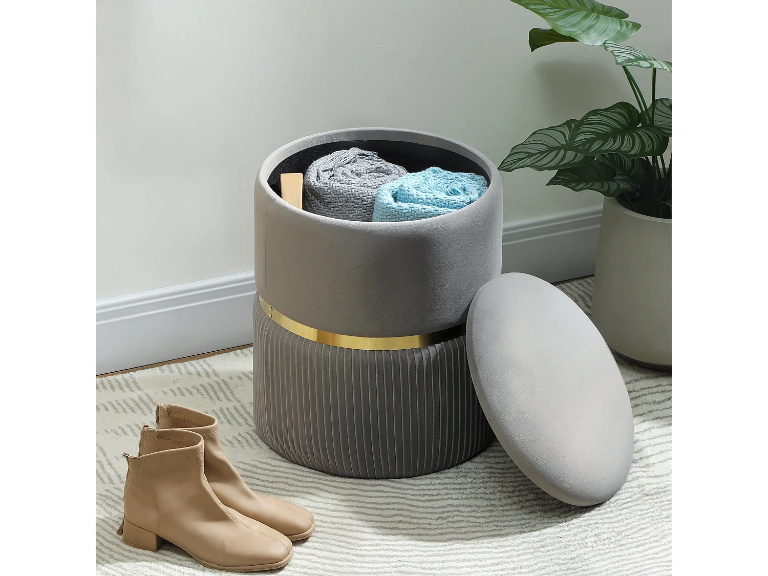 Rivera Velvet Light Grey Ribbed Storage Ottoman with Gold Accent