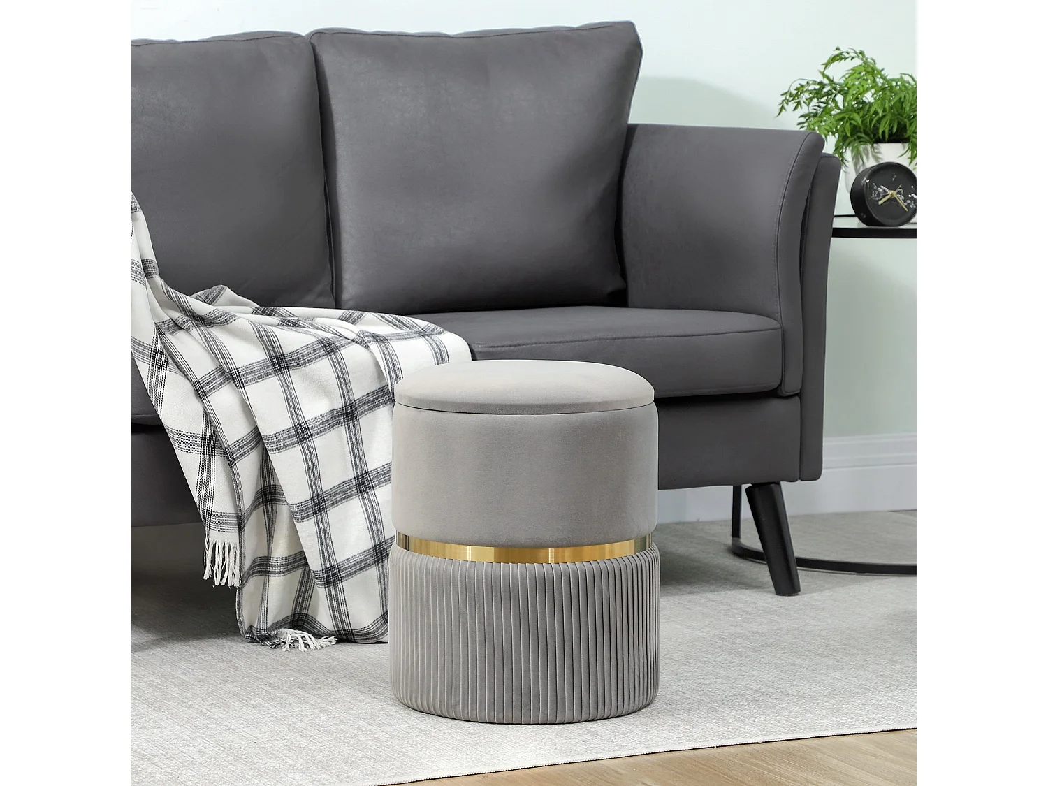 Rivera Velvet Light Grey Ribbed Storage Ottoman with Gold Accent