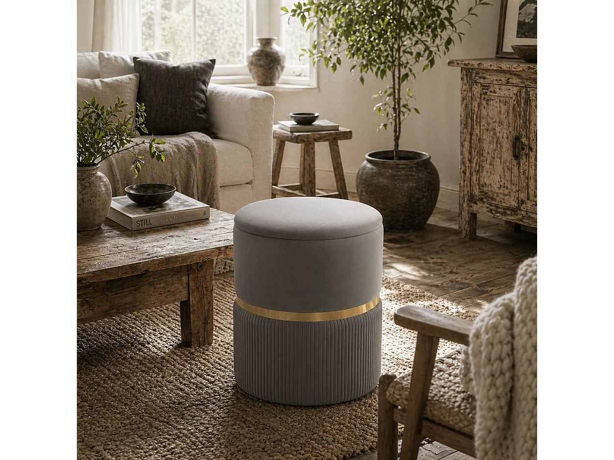 Rivera Velvet Light Grey Ribbed Storage Ottoman with Gold Accent