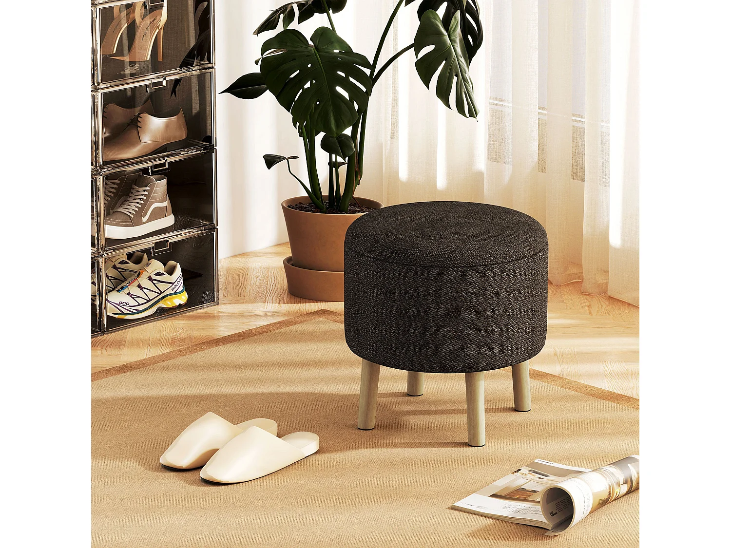 Roli Linen Look Dark Brown Round Storage Ottoman