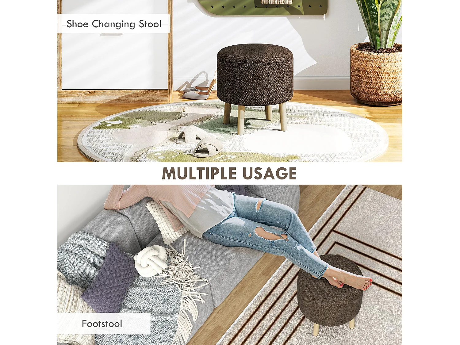 Roli Linen Look Dark Brown Round Storage Ottoman