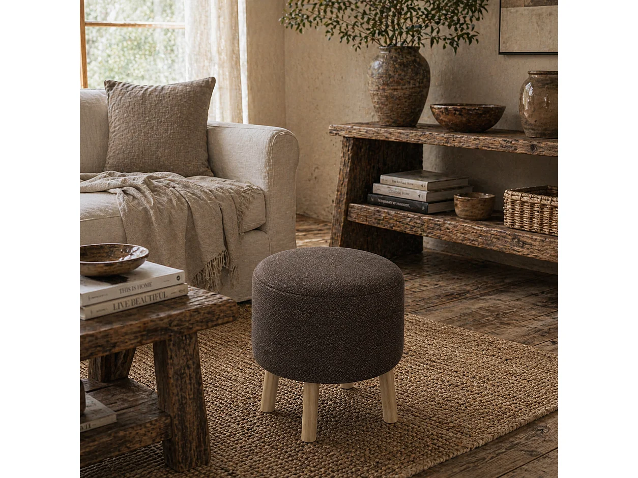 Roli Linen Look Dark Brown Round Storage Ottoman