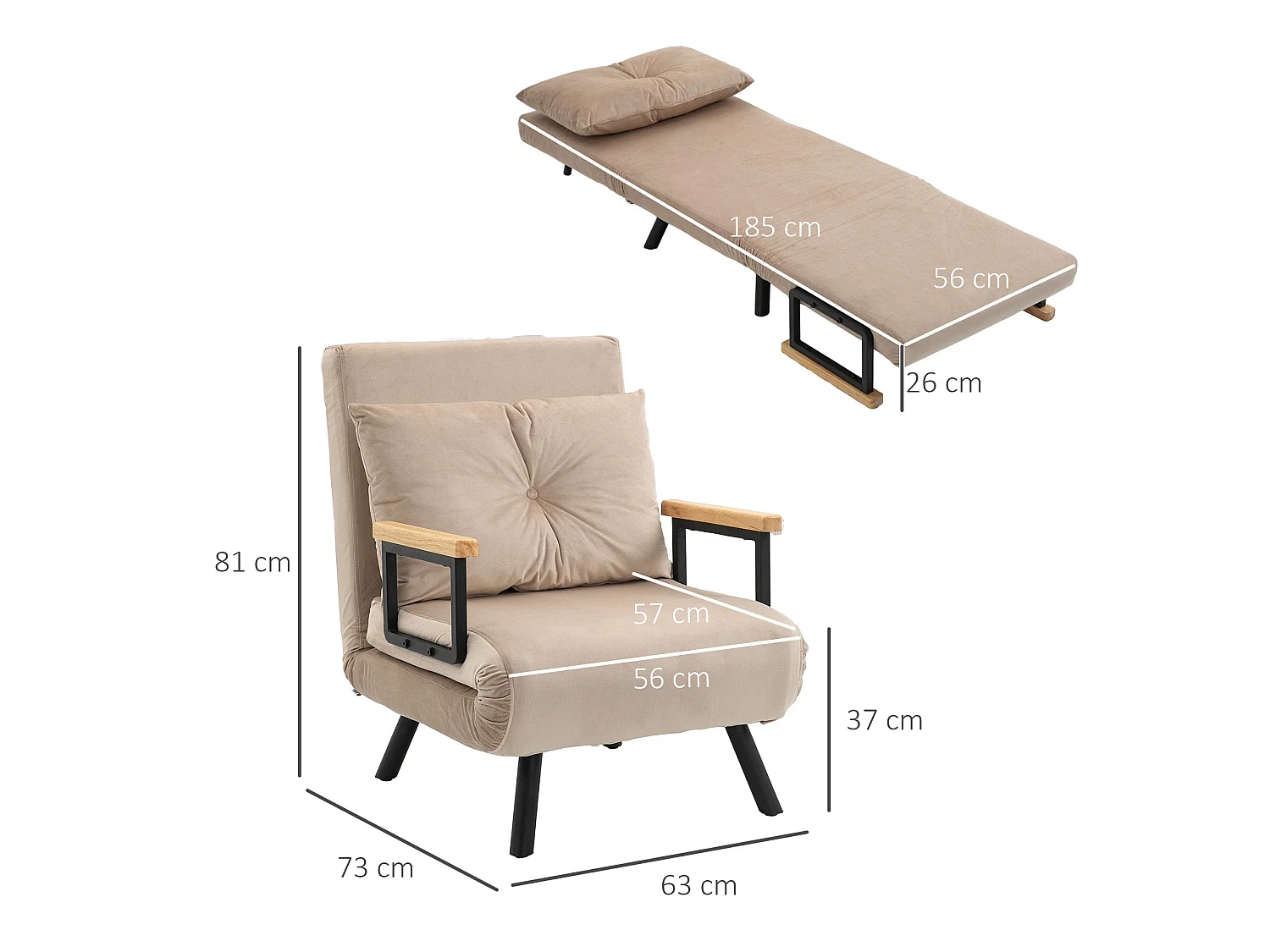 Elvael Velvet Beige 4 in 1 Convertible Single Chair Bed with Cushion