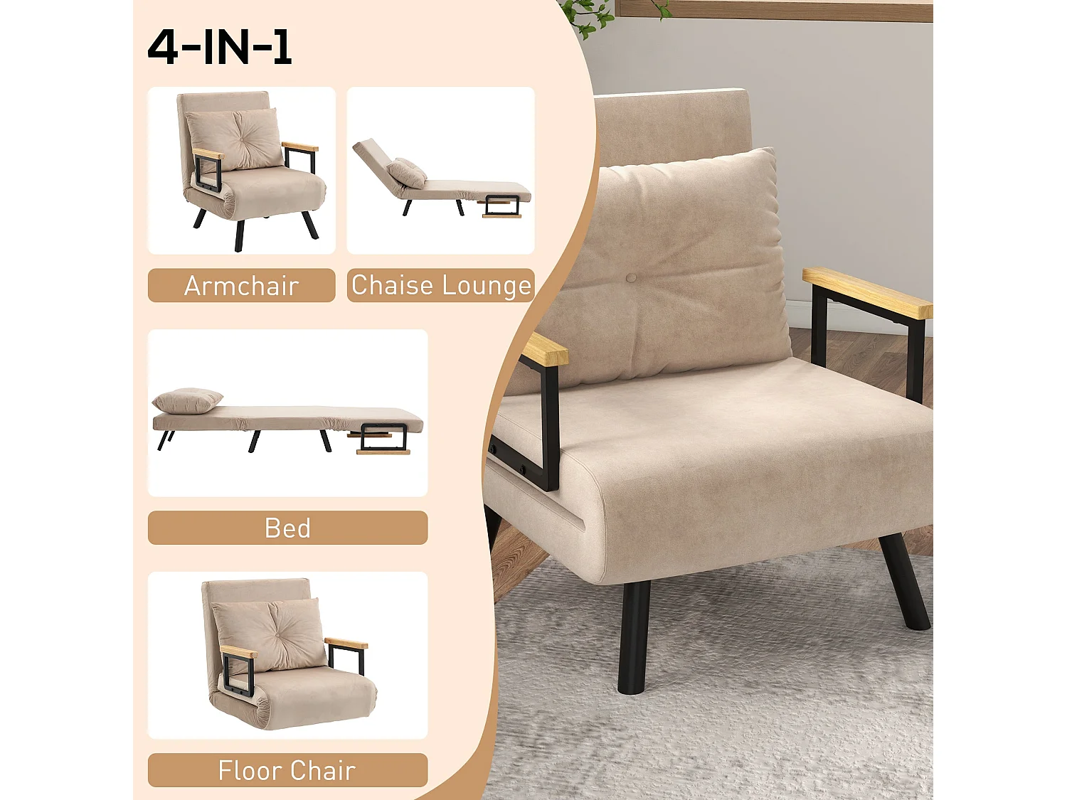 Elvael Velvet Beige 4 in 1 Convertible Single Chair Bed with Cushion