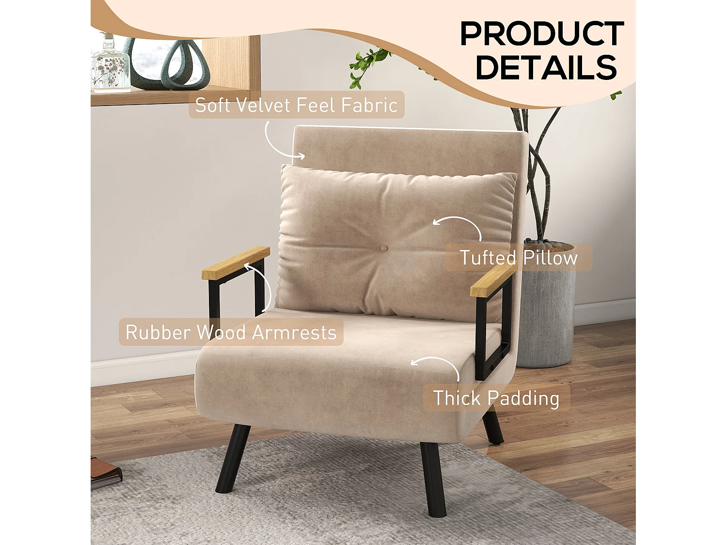 Elvael Velvet Beige 4 in 1 Convertible Single Chair Bed with Cushion