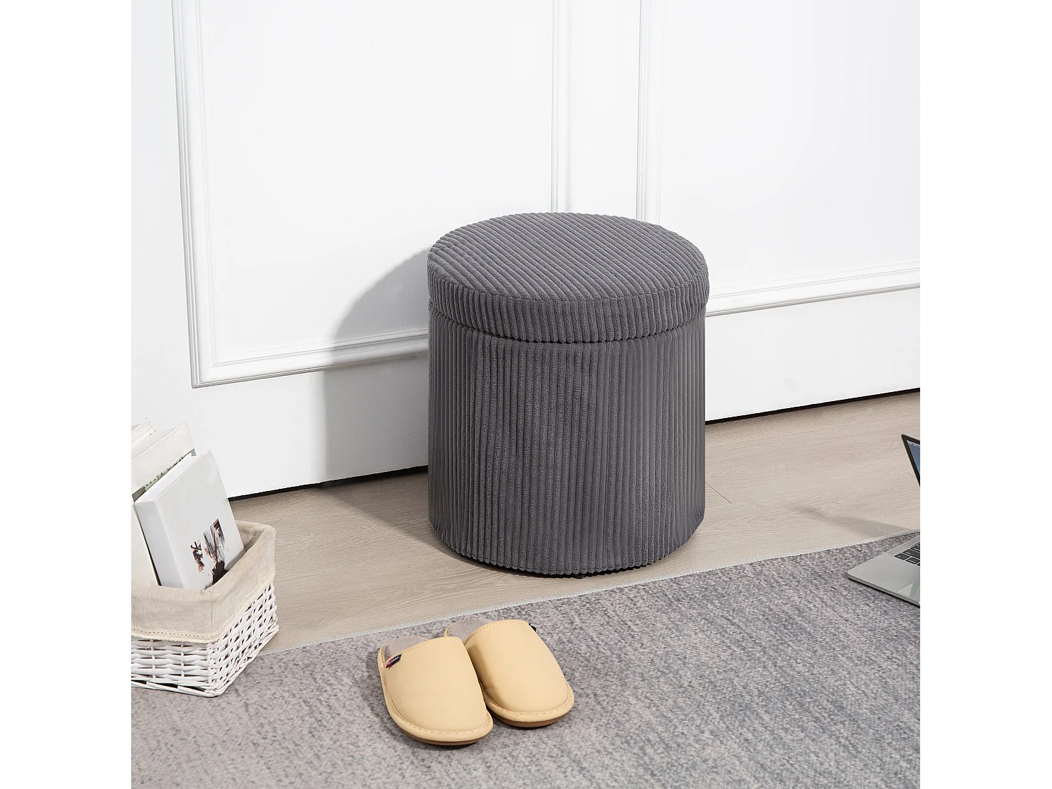 Yoluha Round Grey Corduroy Storage Footstool with Removable Lid