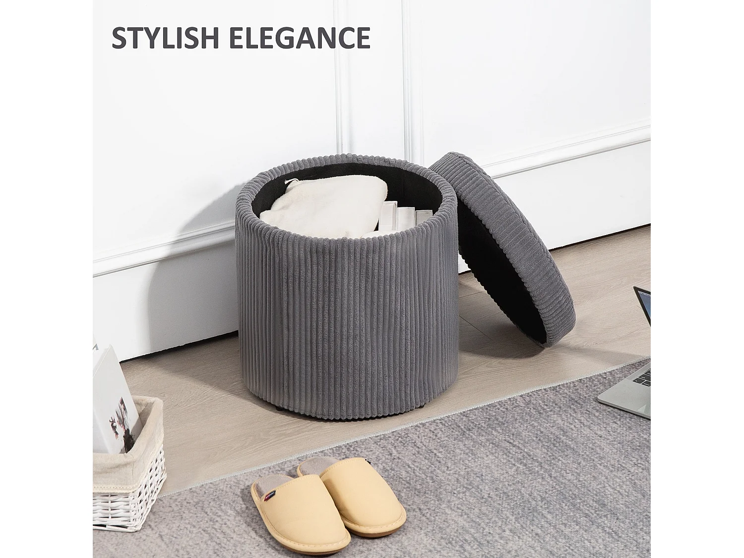 Yoluha Round Grey Corduroy Storage Footstool with Removable Lid