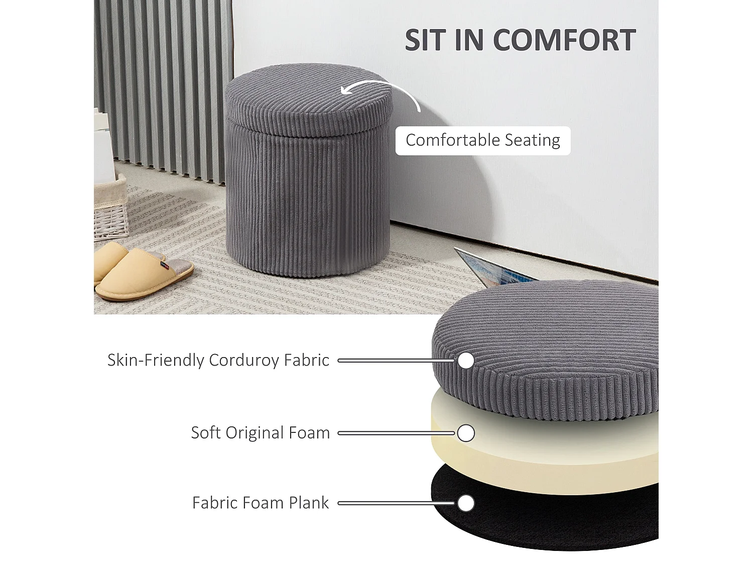 Yoluha Round Grey Corduroy Storage Footstool with Removable Lid