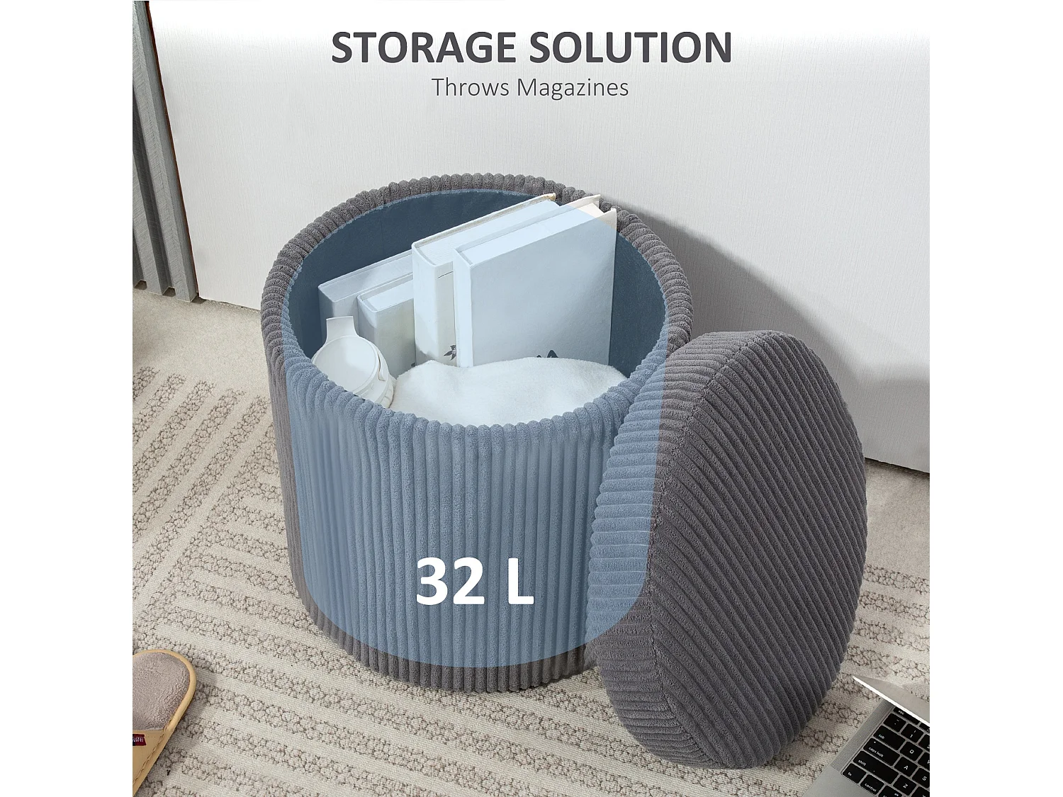 Yoluha Round Grey Corduroy Storage Footstool with Removable Lid