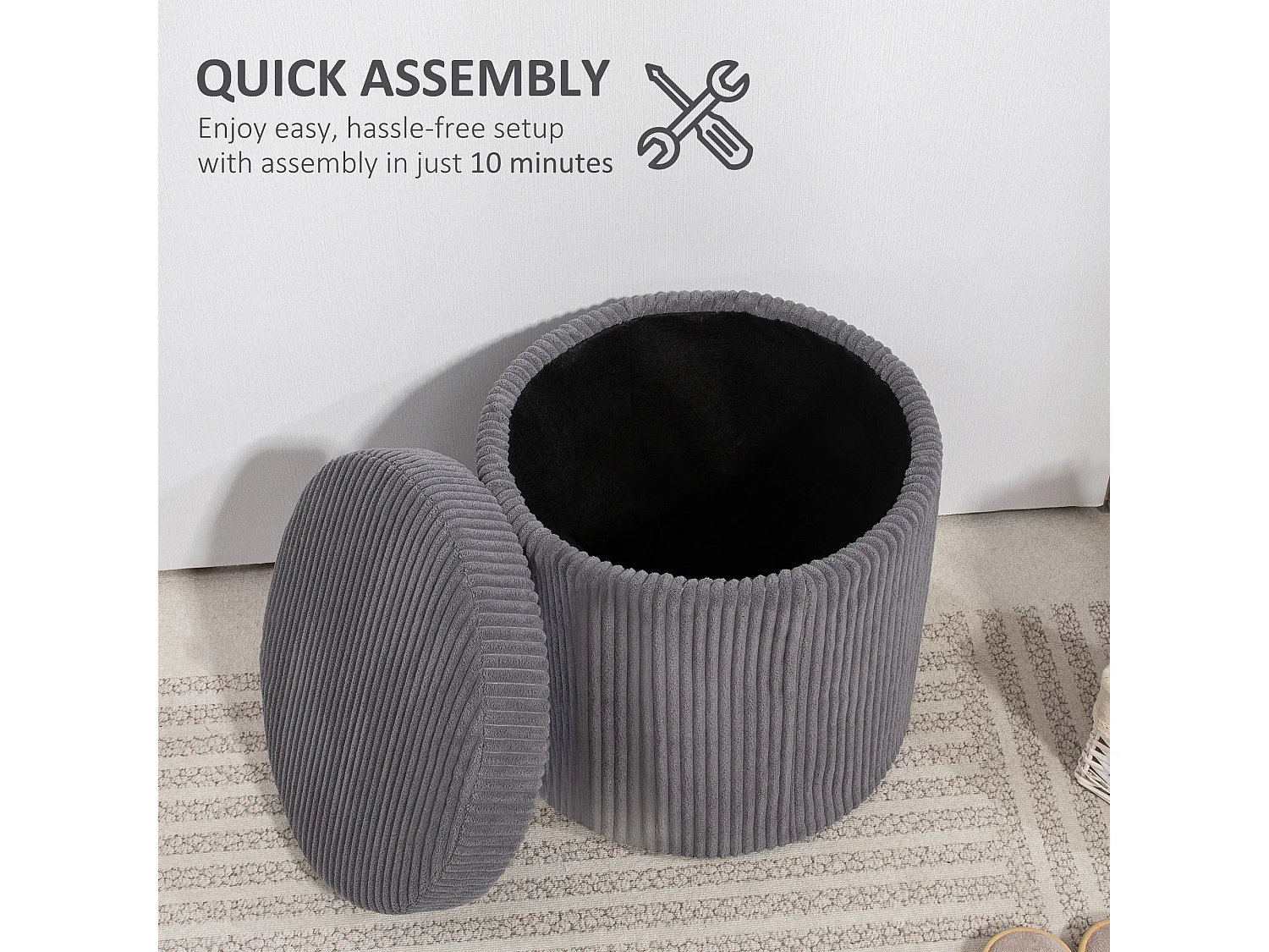 Yoluha Round Grey Corduroy Storage Footstool with Removable Lid