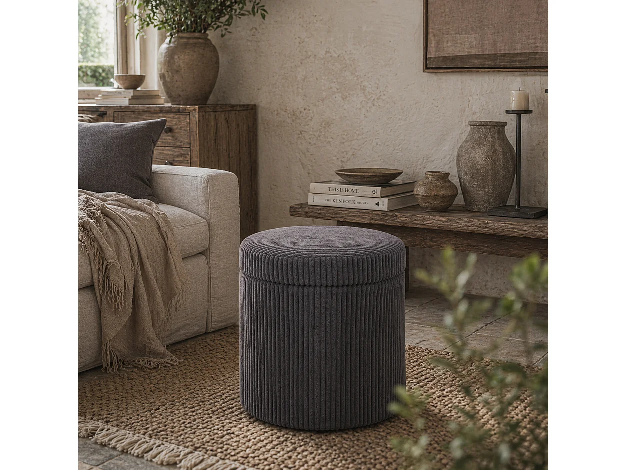 Yoluha Round Grey Corduroy Storage Footstool with Removable Lid