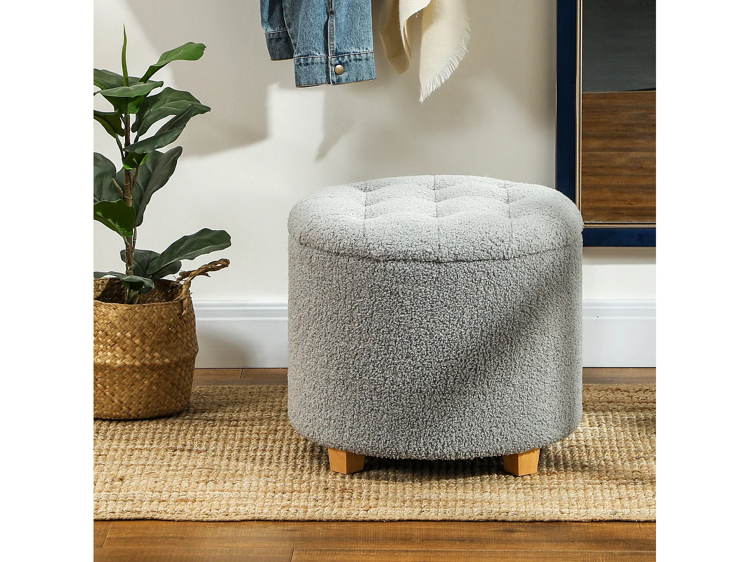Valefi Teddy Fleece Light Grey Storage Ottoman Round Button Tufted Lid
