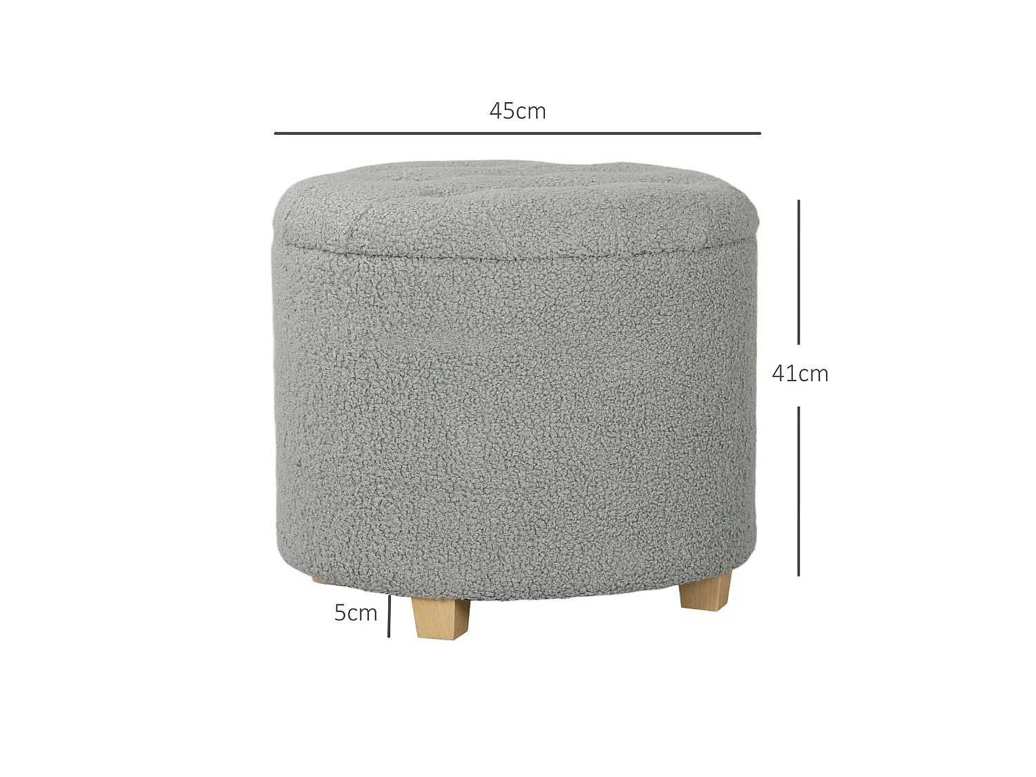 Valefi Teddy Fleece Light Grey Storage Ottoman Round Button Tufted Lid
