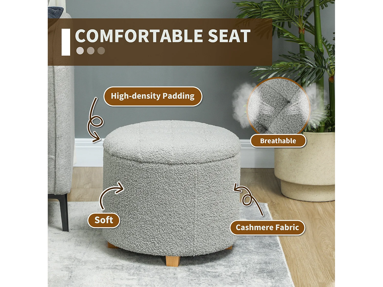 Valefi Teddy Fleece Light Grey Storage Ottoman Round Button Tufted Lid