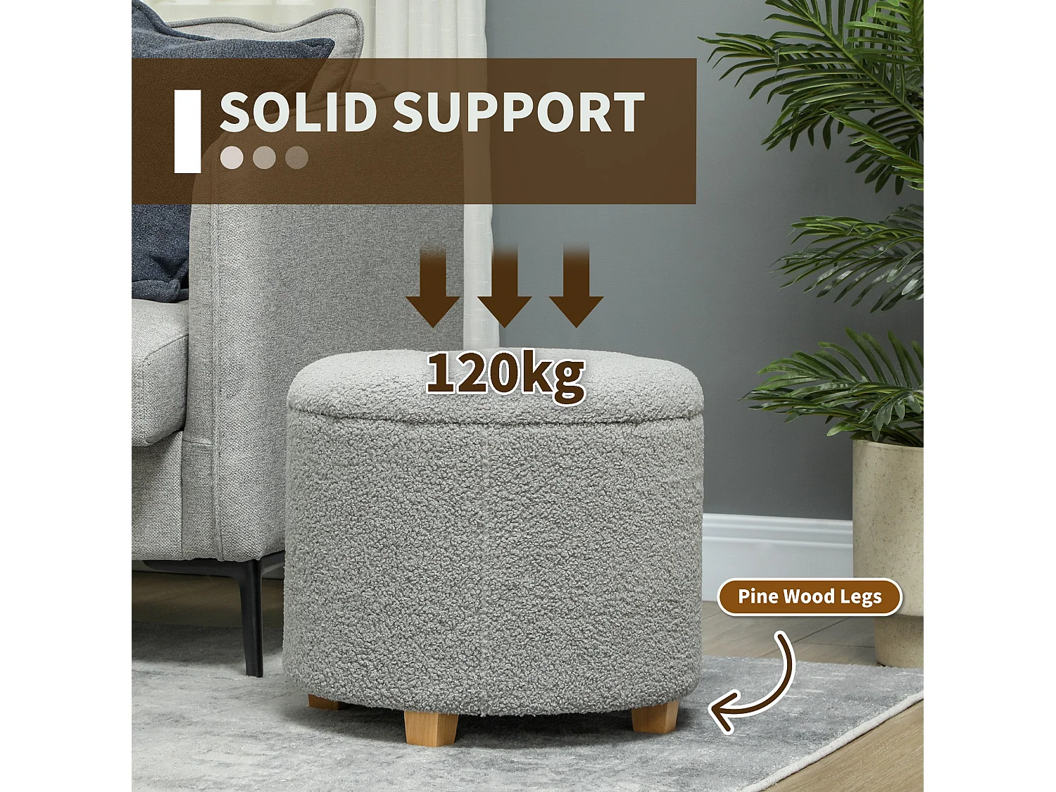 Valefi Teddy Fleece Light Grey Storage Ottoman Round Button Tufted Lid