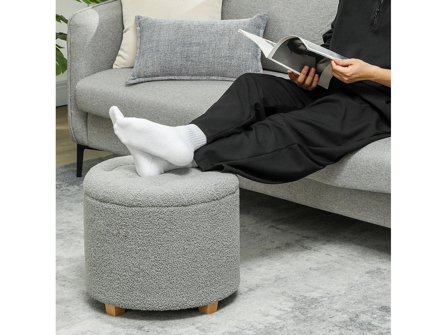 Valefi Teddy Fleece Light Grey Storage Ottoman Round Button Tufted Lid