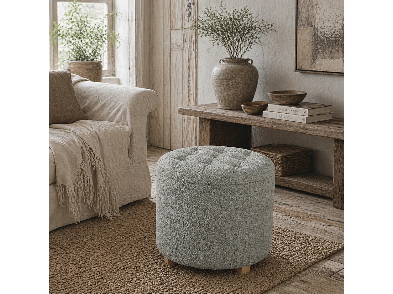 Valefi Teddy Fleece Light Grey Storage Ottoman Round Button Tufted Lid
