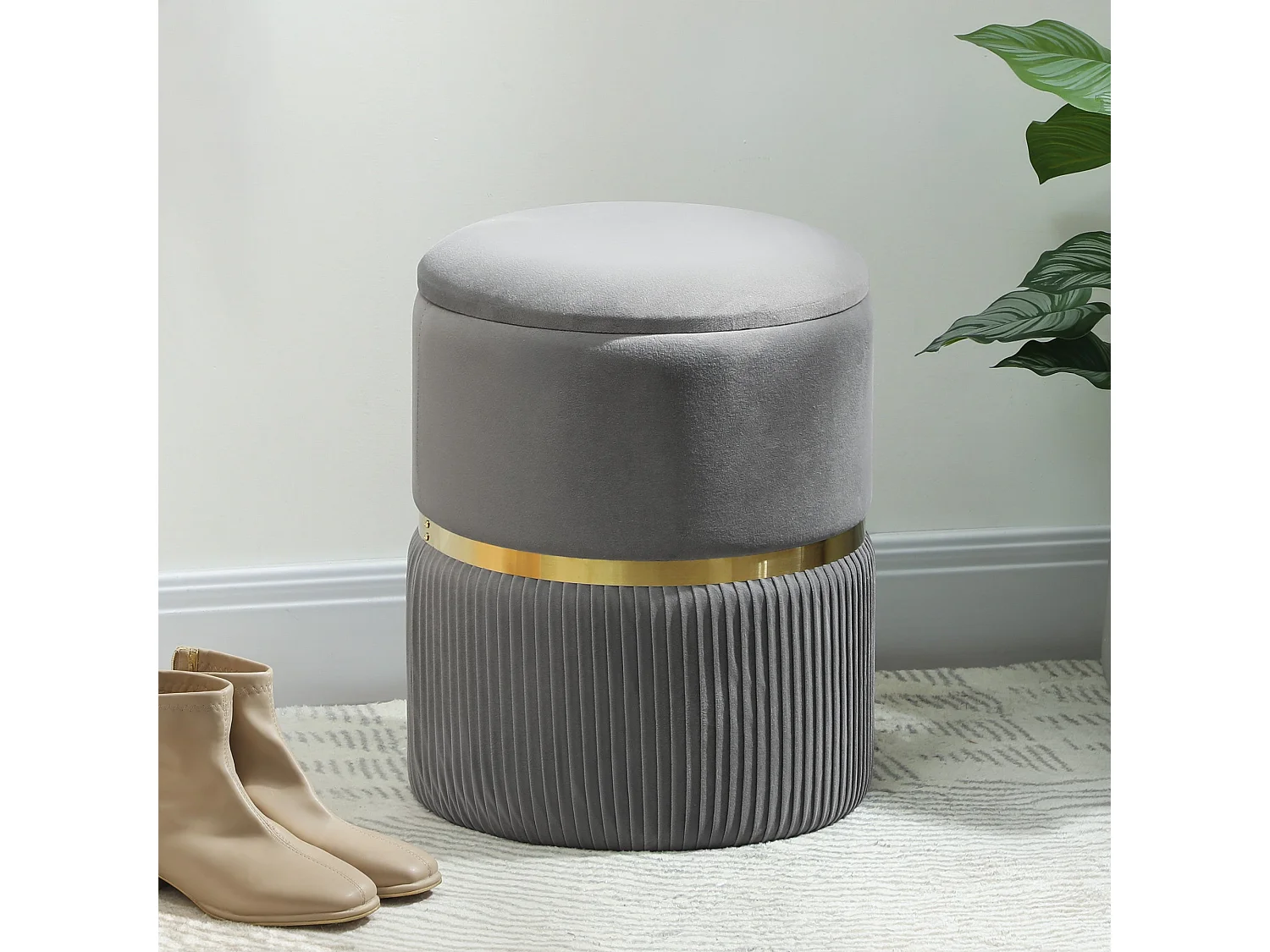 Vami Grey Velvet Feel Storage Ottoman with Gold Accent
