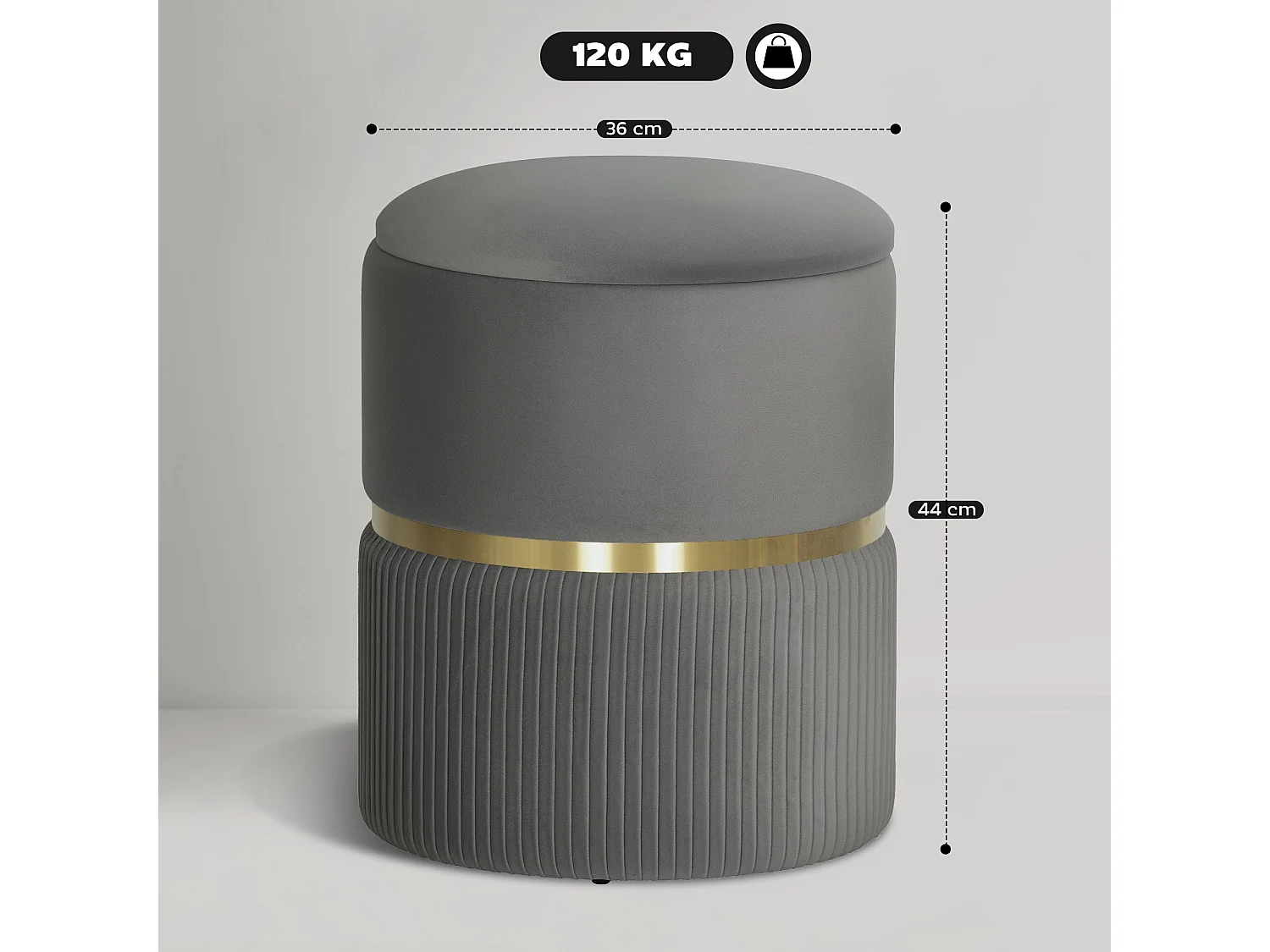 Vami Grey Velvet Feel Storage Ottoman with Gold Accent