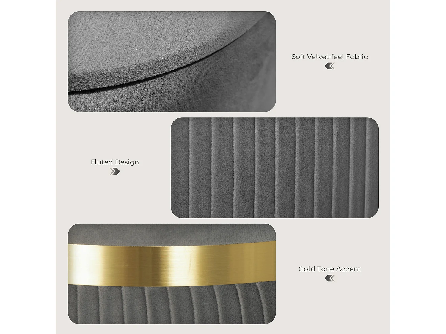 Vami Grey Velvet Feel Storage Ottoman with Gold Accent