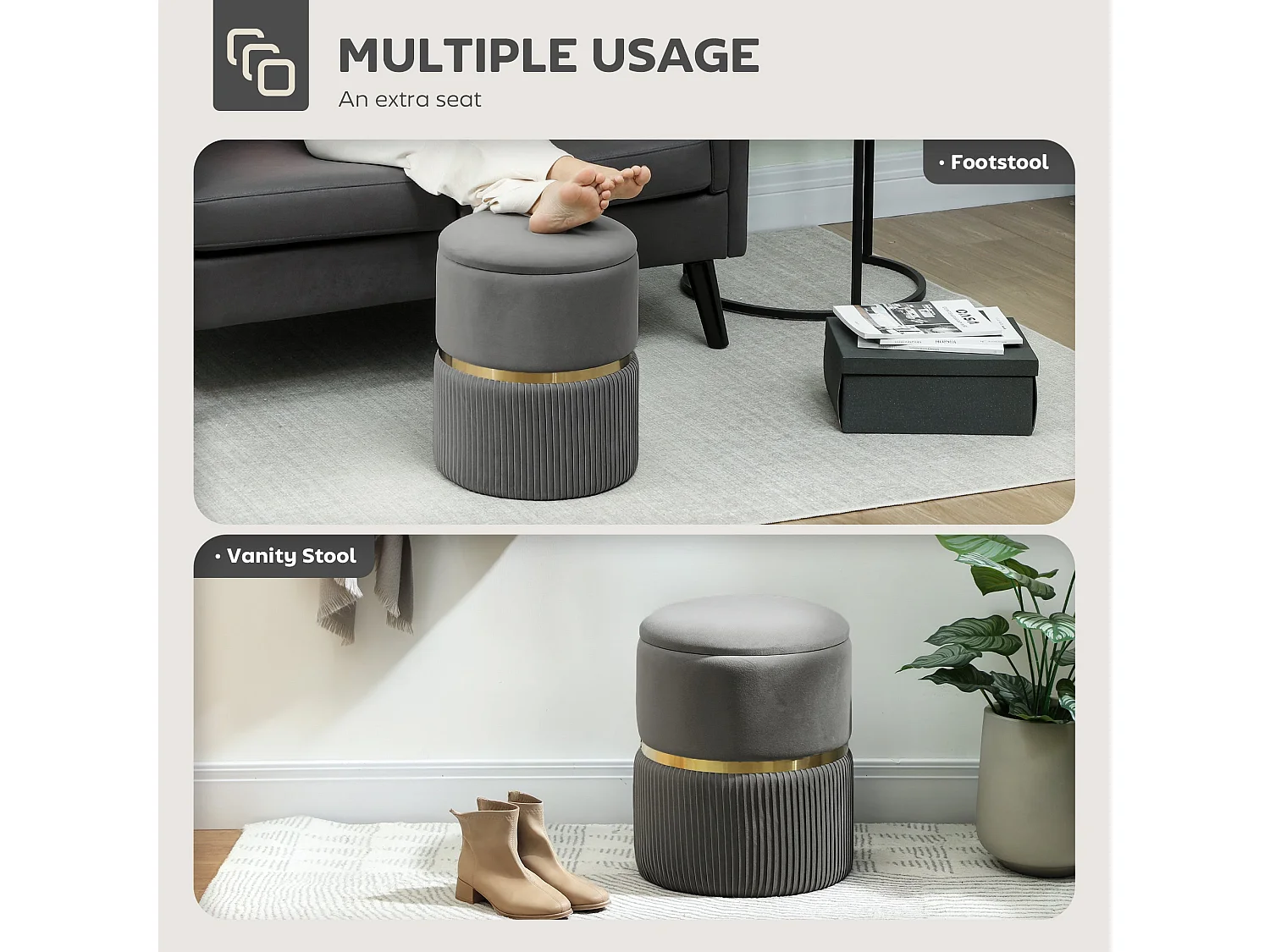 Vami Grey Velvet Feel Storage Ottoman with Gold Accent