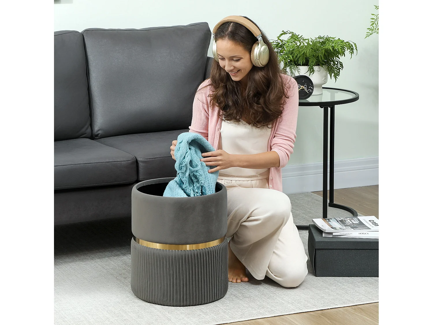 Vami Grey Velvet Feel Storage Ottoman with Gold Accent