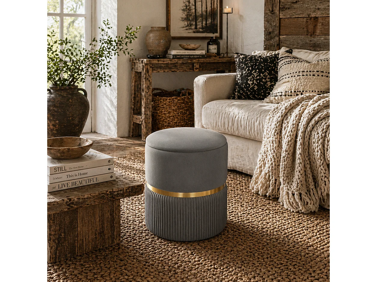 Vami Grey Velvet Feel Storage Ottoman with Gold Accent