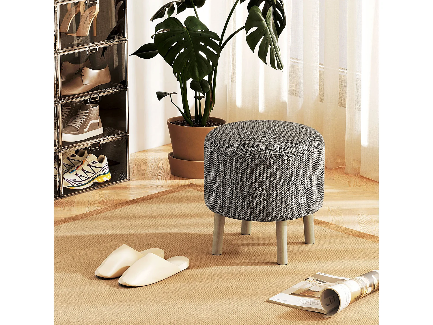 Roli Linen Look Light Grey Round Storage Ottoman