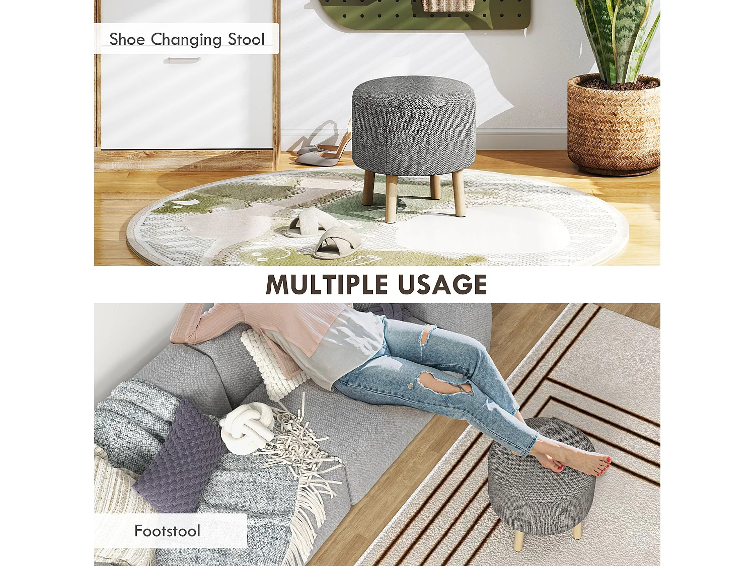 Roli Linen Look Light Grey Round Storage Ottoman