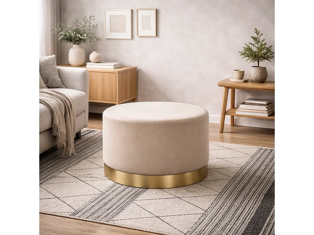 Kalua Large Beige Velvet Ottoman with Brushed Gold Base